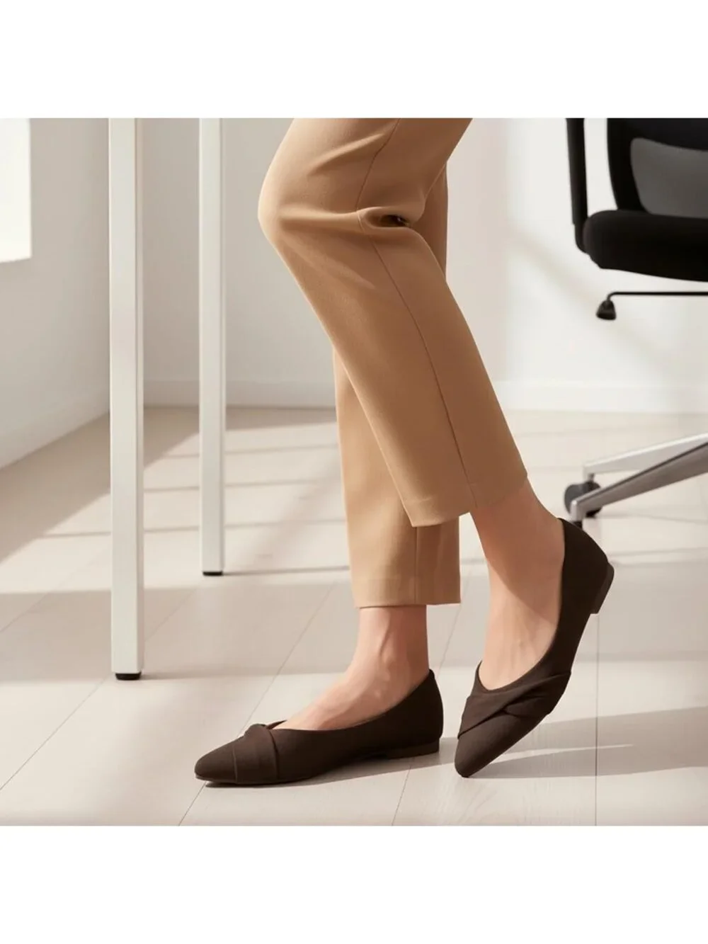 Women's Coffee Rubber Suede Elegant Bow Knot Pointed Toe Flat Comfortable Shoes